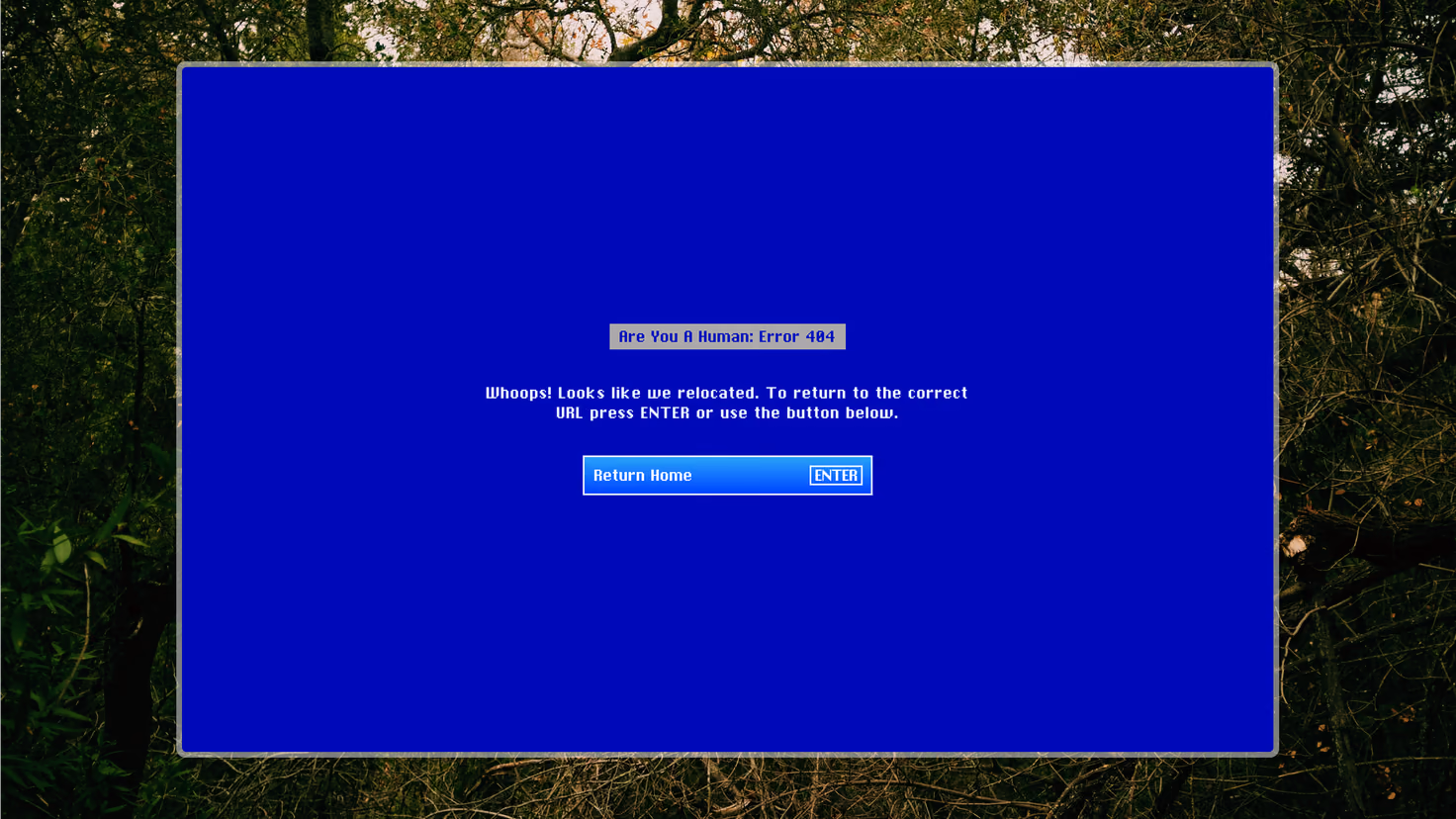 The 404 page, set as a blue-screen error reading “Whoops! Looks like we relocated.” above a Return Home button labelled ENTER, over a photograph of woodland.
