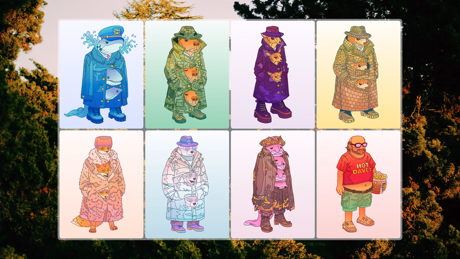 All eight illustrated results, each on its own pastel card over an autumn treeline: animals stacked inside a blue raincoat, a green trench, a purple overcoat, a checked tan coat, a pink fur, a white puffer and a fringed brown coat — plus one bearded man in a Hot Davey t-shirt holding popcorn.