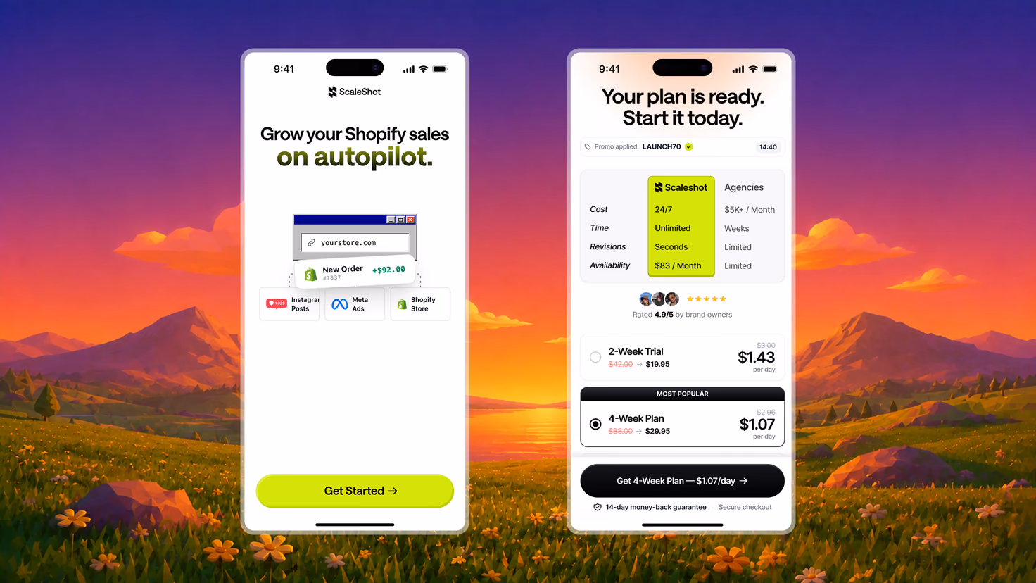Two ScaleShot screens over an illustrated sunset landscape: a landing screen headlined “Grow your Shopify sales on autopilot” above a storefront window and a new-order notification, and a plan screen comparing ScaleShot against agencies on cost, time, revisions and availability, with a two-week trial and a four-week plan.