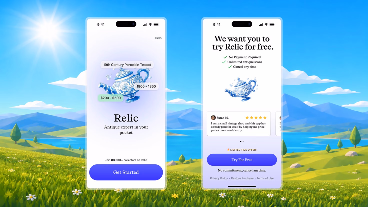 Two Relic screens over an illustrated meadow: a landing screen — “Antique expert in your pocket” — showing a scanned 19th-century porcelain teapot tagged with its date range and a $200–$500 estimate, and a free-trial screen listing unlimited antique scans above a five-star review.