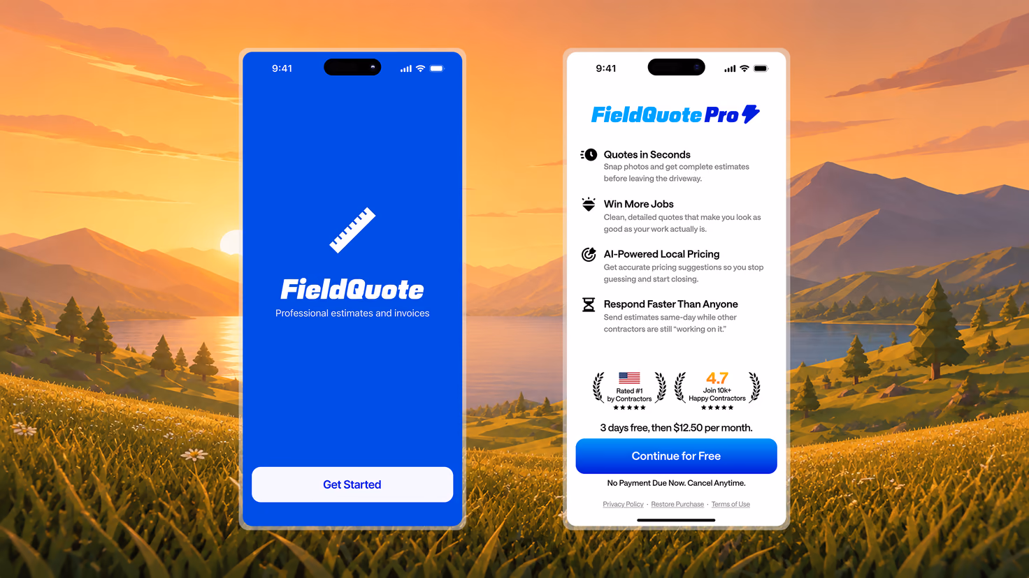 Two FieldQuote screens over an illustrated valley at golden hour: a blue splash screen with a ruler mark and the line “Professional estimates and invoices”, and a FieldQuote Pro feature list — quotes in seconds, win more jobs, AI-powered local pricing — above a three-days-free offer.