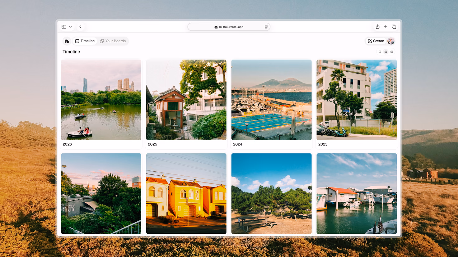 M-Trak's Timeline view in a browser window over a golden hillside: a grid of photographs grouped by year, 2026 back to 2023.