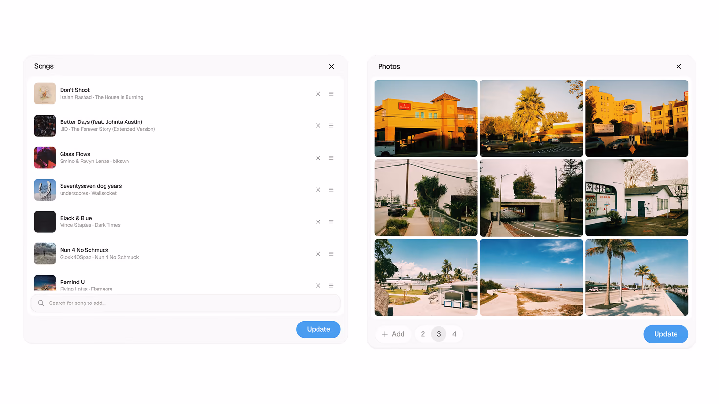 Two M-Trak editing modals: a Songs list with remove and reorder controls above a search field, beside a Photos picker showing a paginated grid of nine images.