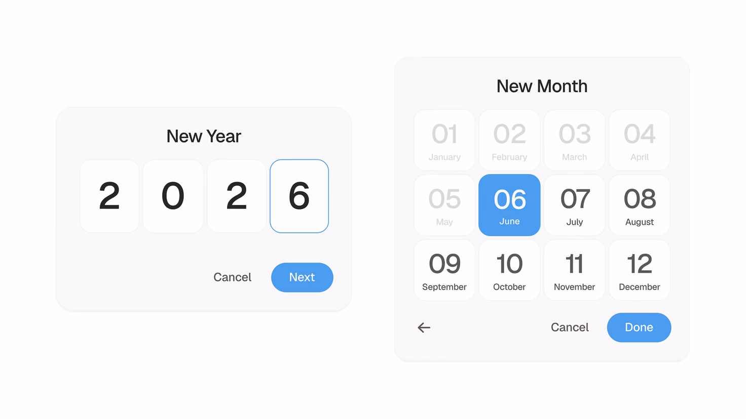M-Trak's two timeline modals: a New Year stepper reading 2026 with the last digit selected, and a New Month grid of all twelve months with June selected.
