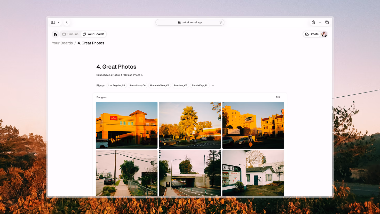 An M-Trak board page, “4. Great Photos”, captioned “Captured on a Fujifilm X-100 and iPhone 5”, with place chips above a grid of photographs, over a dusk sky.
