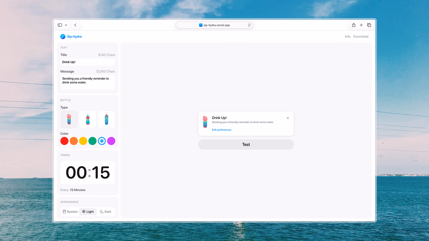 The Sip Hydra web demo in a browser window over a photograph of the ocean: a settings rail for the reminder's title, message, bottle type and colour, a 00:15 timer set to repeat every 15 minutes, and a preview of the notification beside a Test button.