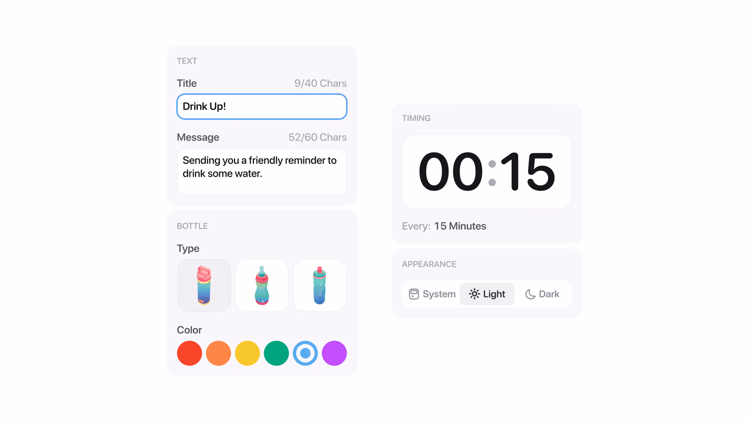 Sip's settings components: a Text card with title and message fields and their character counts, a Bottle card offering three shapes and six colours, and Timing and Appearance cards holding the 00:15 interval and a System / Light / Dark switch.