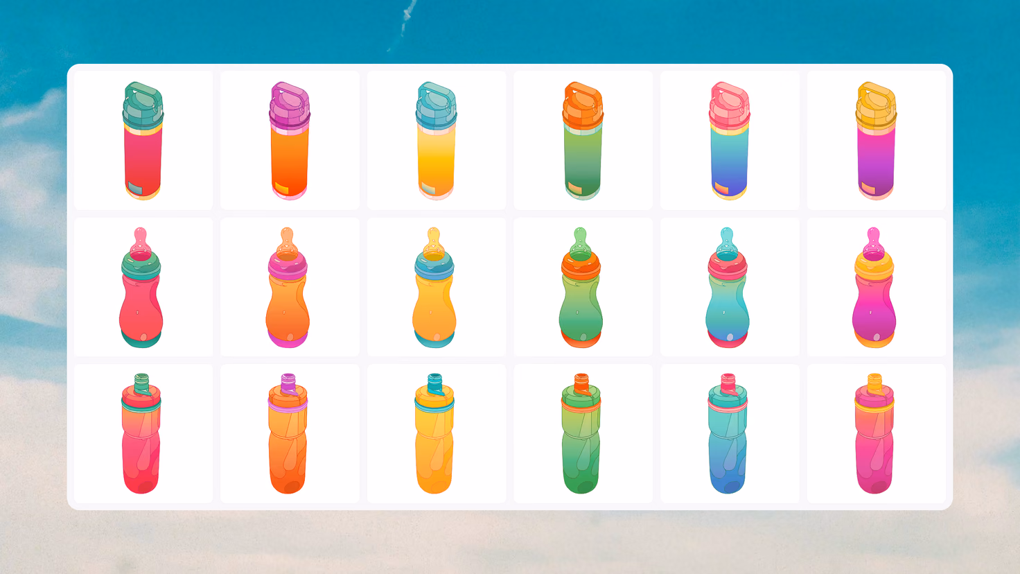 The full bottle set over a photograph of the sea: three shapes — flask, baby bottle and sports bottle — each drawn in six colour gradients, laid out as a grid of eighteen.