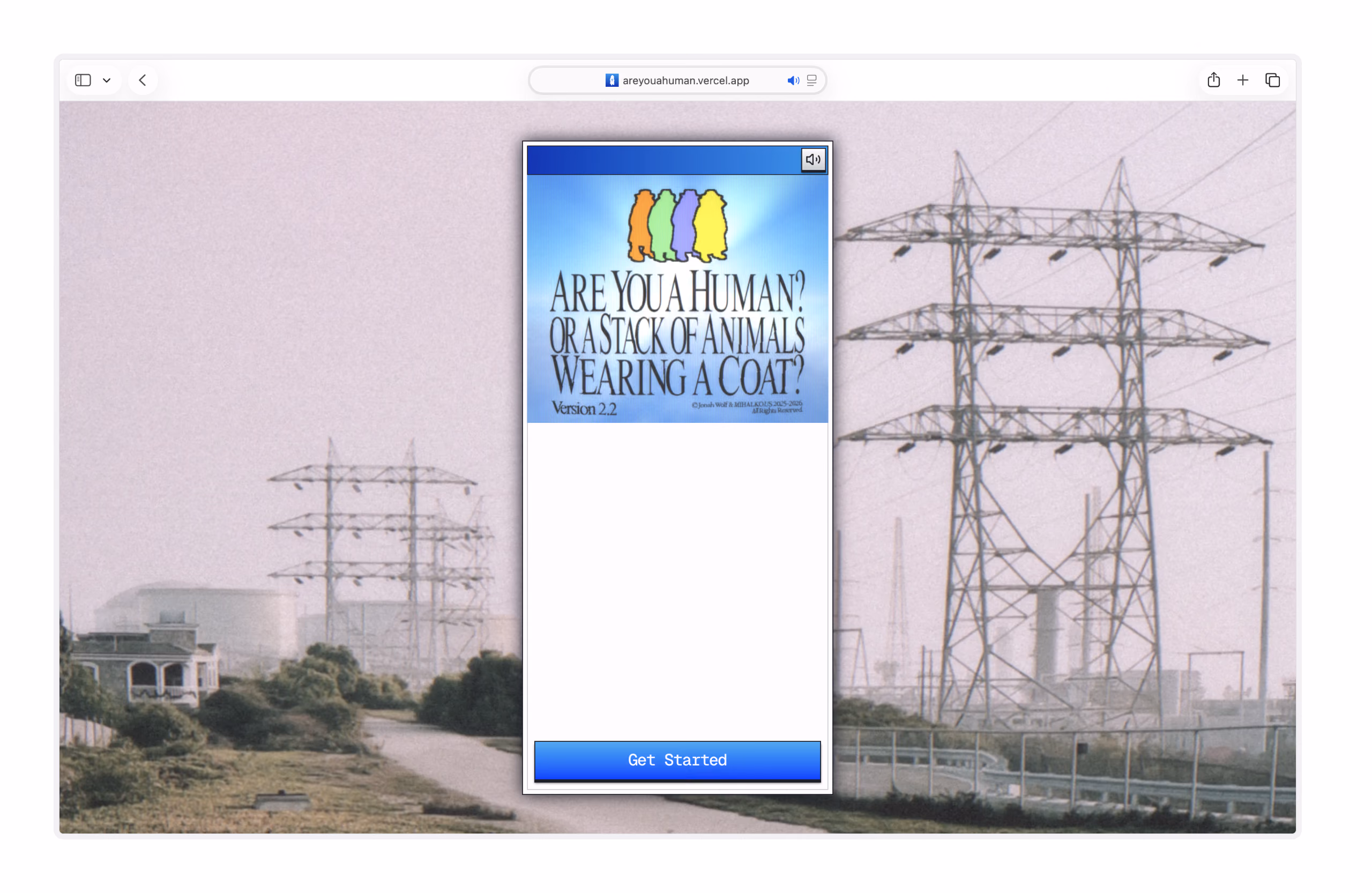 Are You a Human?’s start screen in a browser over a photograph of transmission towers: a blue title card with coat-wearing silhouettes, “Are you a human? Or a stack of animals wearing a coat?”, Version 2.2, and Get Started.