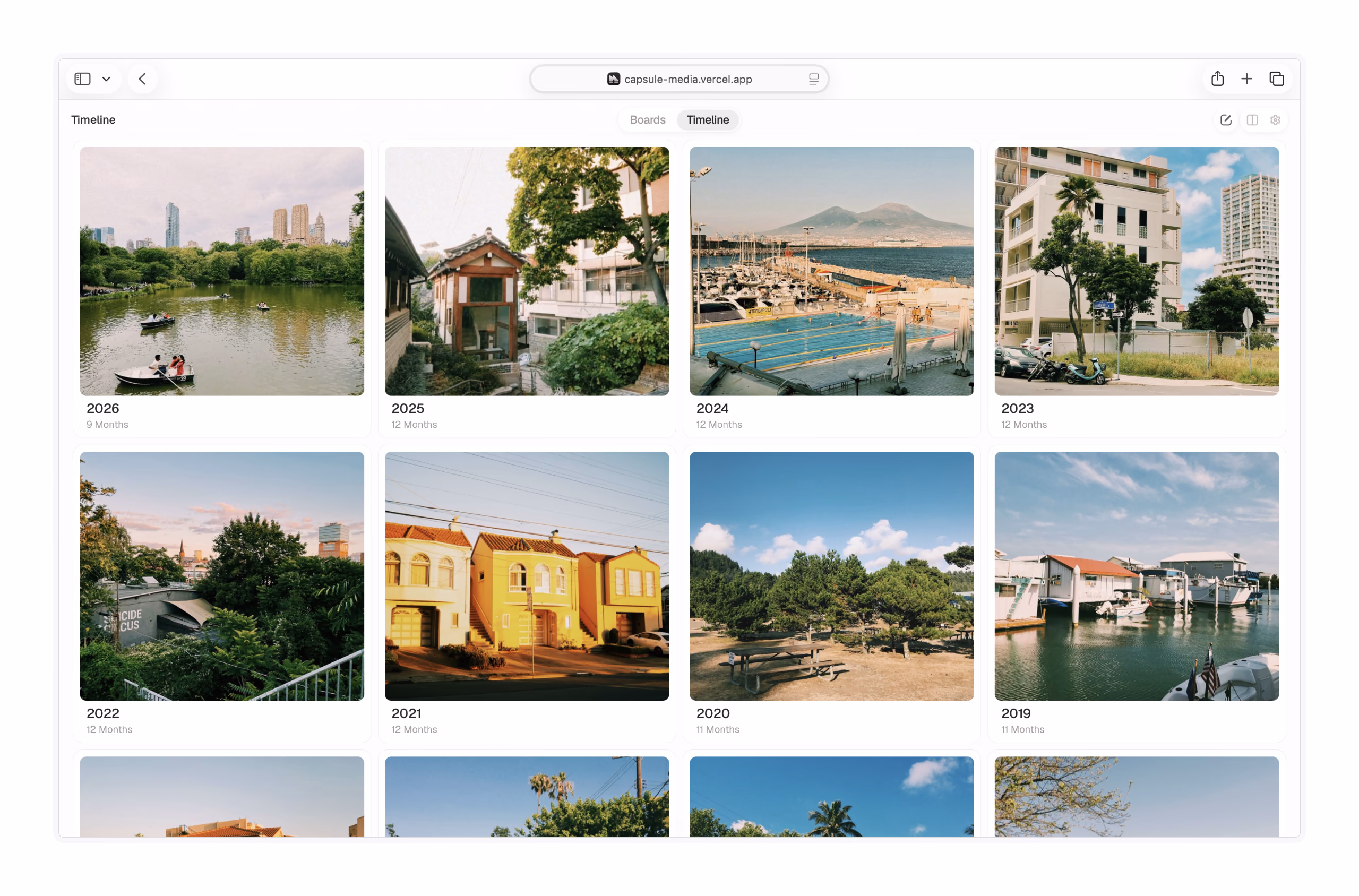 Capsule’s Timeline in a browser window on a white background, showing photographs grouped by year from 2026 back to 2023.